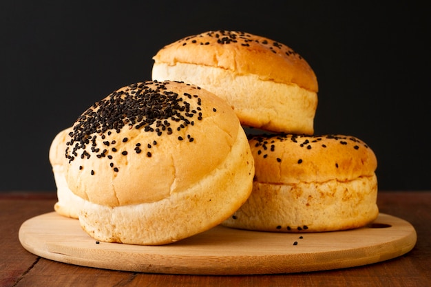 Buns for hamburger on wooden board