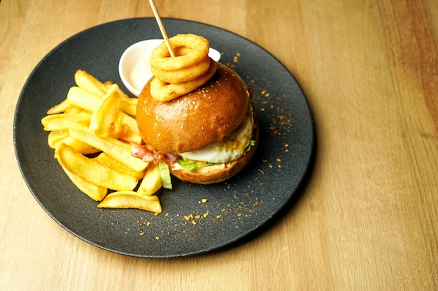 Burger and fries on a restaurant table