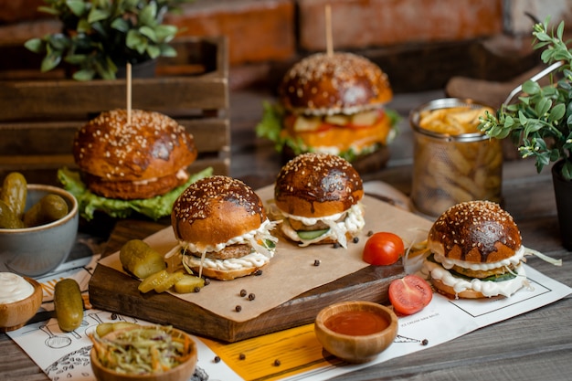 Burgers with french fries and turshu