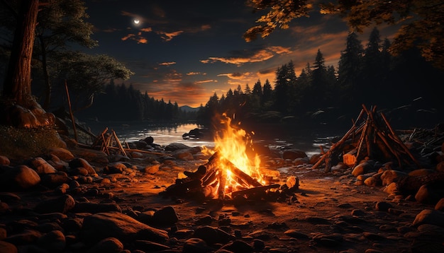 Free Photo burning campfire illuminates tranquil forest landscape glowing in the dark generated by artificial intellingence