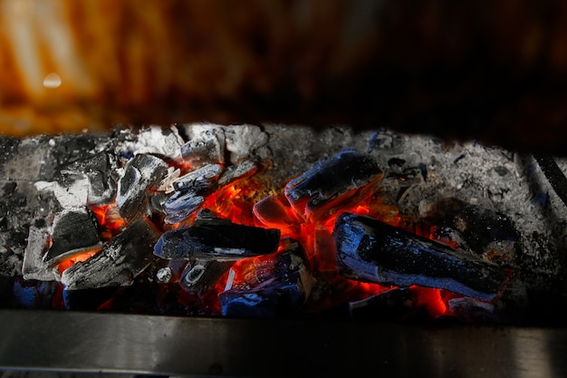 Free photo burning charcoals under the frying meat oven side view