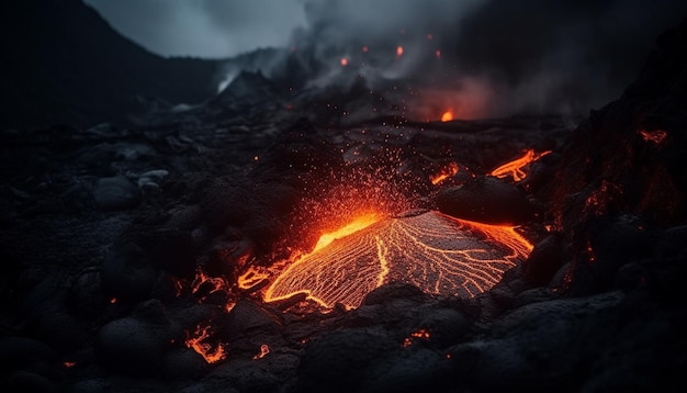 Free Photo burning mountain erupts flowing lava destroys landscape generated by ai