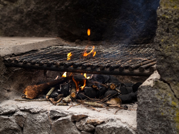 Free photo burning woods in campfire site with smoke