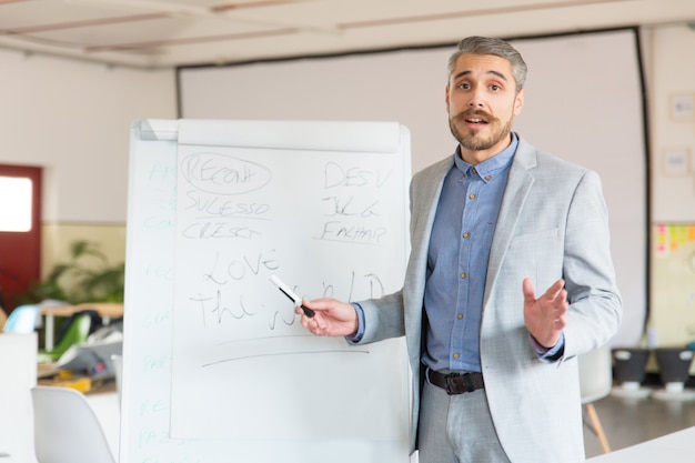 Business coach standing near whiteboard