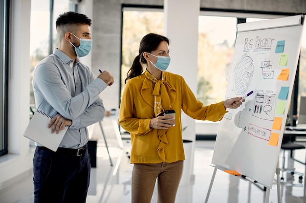 Free Photo business colleagues wearing face masks while brainstorming about new project on whiteboard in the office