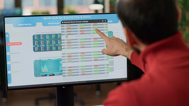 Business investor analyzing stock market trend on monitor, trading capital profit for exchange investment. Young broker investing funds, using financial forex market sales. Close up. Handheld shot.