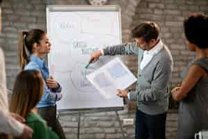 Free photo business leader giving a presentation to his team and explaining project plans on whiteboard in the office