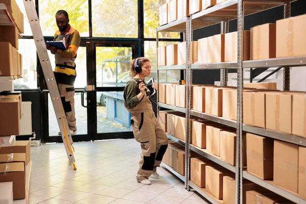 Business owner manager scanning boxes barcode using store scanner listening music during warehouse inventory Employee looking at storehouse shelves preparing customers orders for delivery