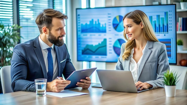 Free photo business partners discussing project details with charts displayed on a screen