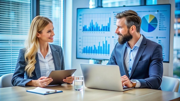 Free photo business partners discussing project with graphs and charts in the background