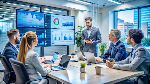 Free photo business people analyzing data on large screens in a modern office