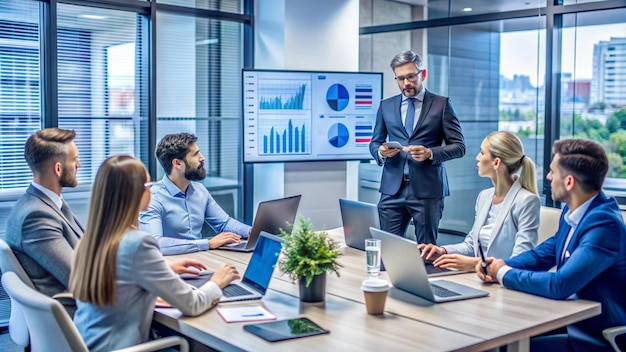 Free photo business people having a meeting around a table with charts graphs and laptops