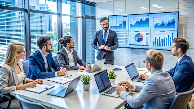 Business people in meeting looking at presentation