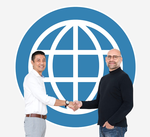 Free photo business people shaking hands in front of a www icon