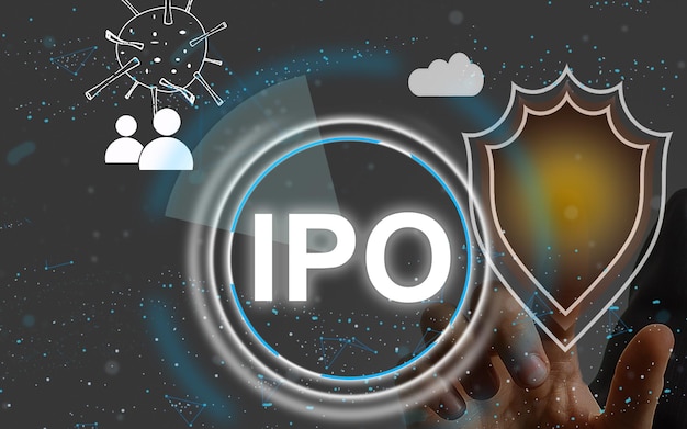 Businessman presses button ipo Initial Public Offering network on chart.