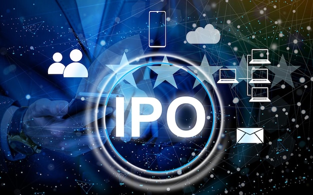 Businessman presses button ipo Initial Public Offering network on chart.