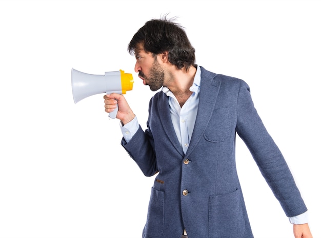 Businessman shouting over isolated white background