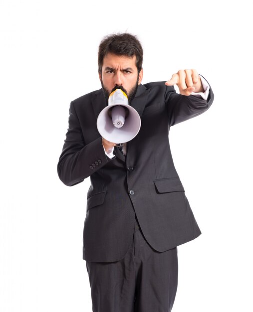 Businessman shouting over isolated white background