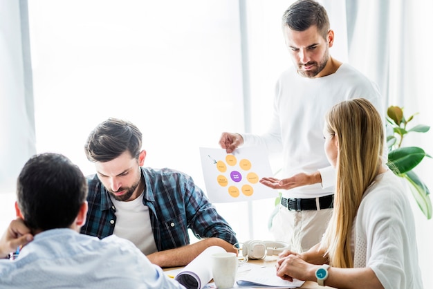 Businessman showing chart to his female employee at workplace