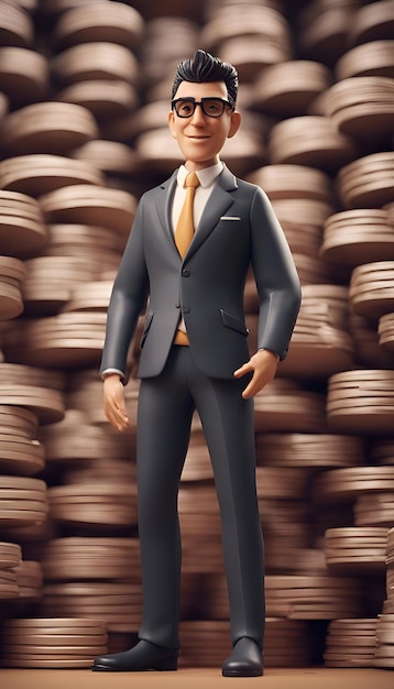 Free photo businessman standing in front of a lot of coins business and finance concept