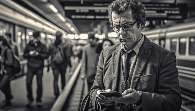 Businessman texting on train during rush hour commute generated by AI