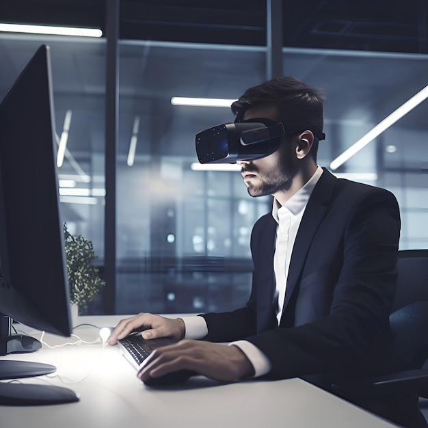 Free photo businessman wearing virtual reality goggles in modern office 3d rendering