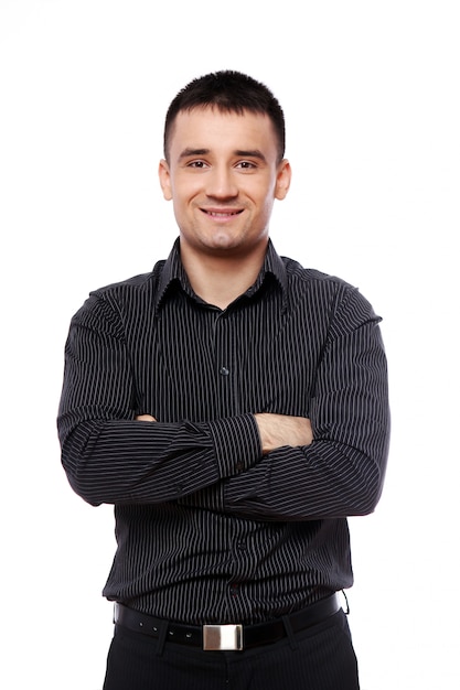 businessman with striped black t-shirt and black trousers