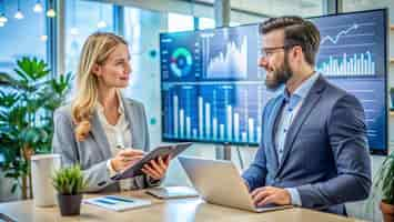 Free photo businesspeople discussing data on a laptop and tablet