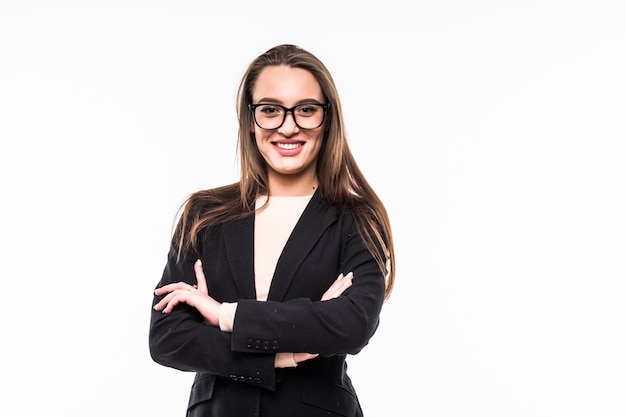 Businesswoman in classic black suite on white