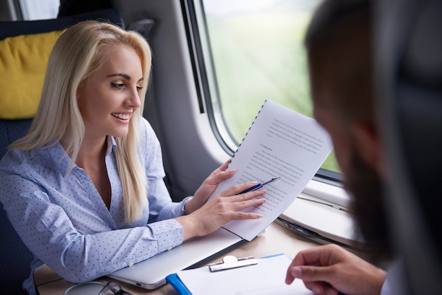 Businesswoman has meeting during the journey