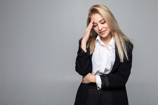 Businesswoman hold hands on temples head, young attractive business woman concept of business man stressed, headache, depressed, pain, isolated