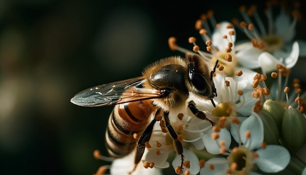 Busy bee collecting pollen from yellow flower generated by AI