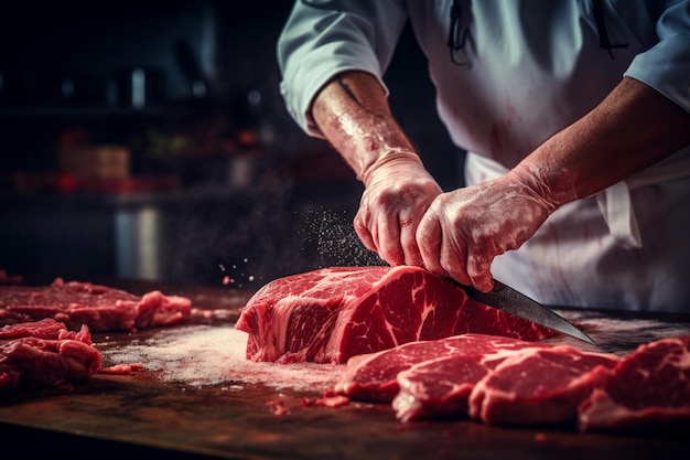 Butcher cutting fresh meat in pieces close up