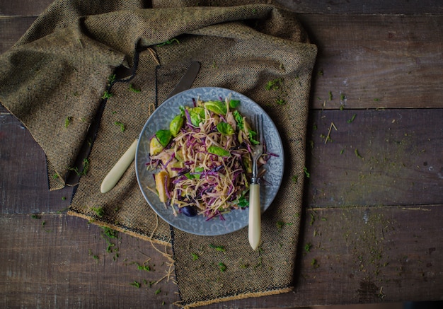 Cabbage salad on the table top view