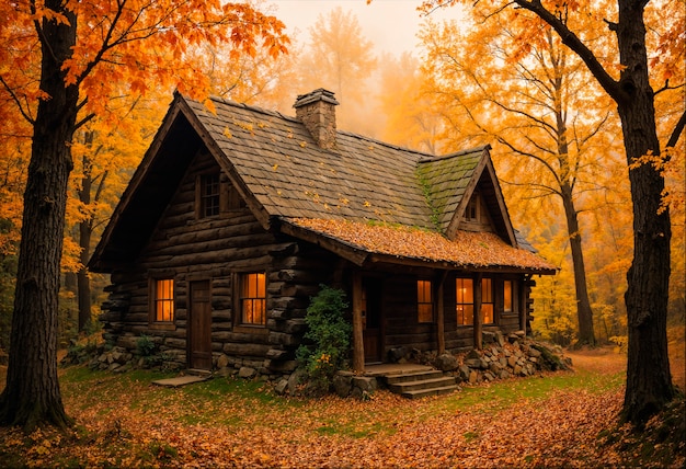 Cabin in the woods during autumn