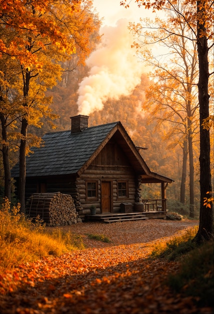 Cabin in the woods during autumn