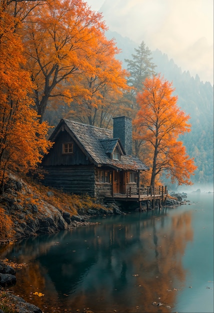 Cabin in the woods during autumn