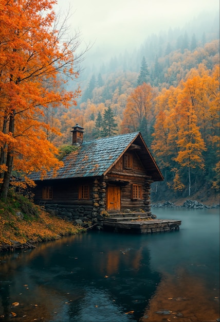 Free photo cabin in the woods during autumn