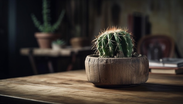 Free photo a cactus on a wooden table with a blurry background