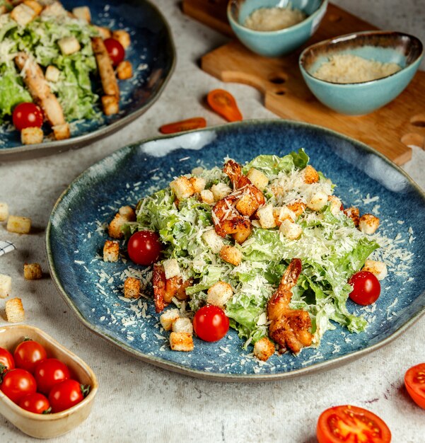 Caesar salad with fried shrimps