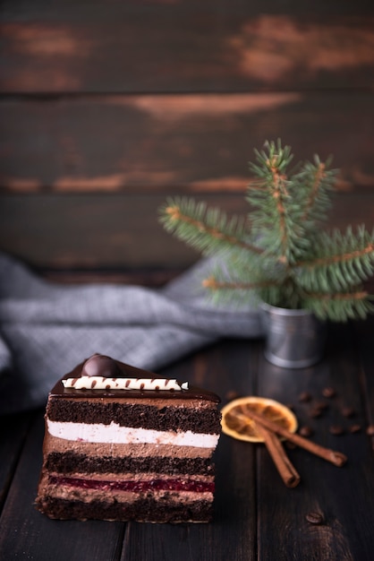 Cake slice with cinnamon and coffee beans