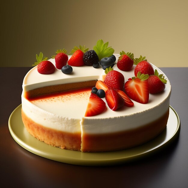 A cake with a slice cut out of it with strawberries and blueberries on it.