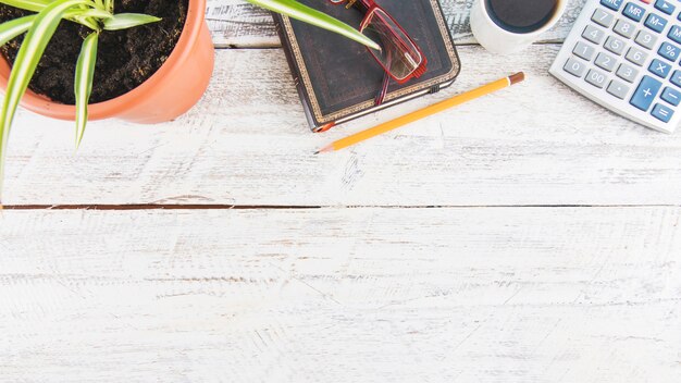 Calculator and coffee near stationery and plant