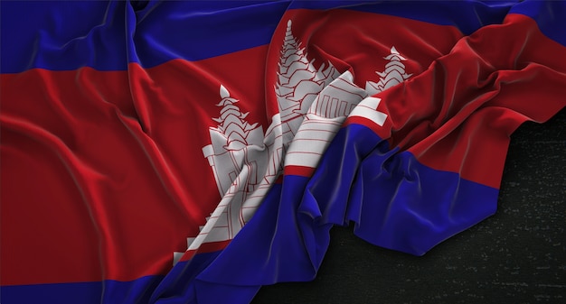 Free photo cambodia flag wrinkled on dark background 3d render