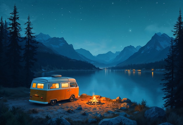 A camper van is parked by a campfire