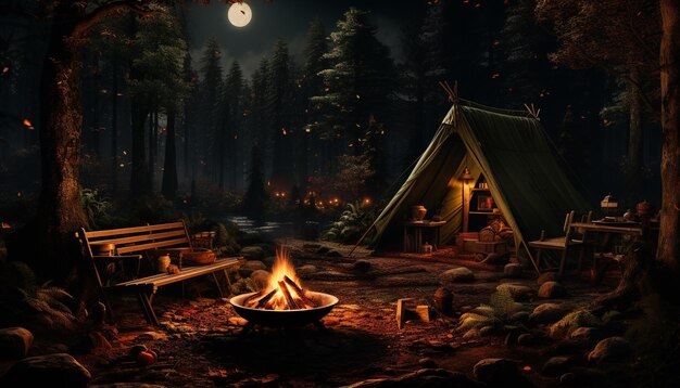 Camping in the dark forest firewood burning autumn adventure begins generated by artificial intellingence