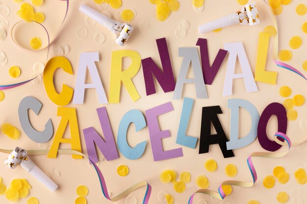 Canceled carnival with confetti top view