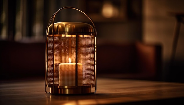 A candle in a lantern on a table