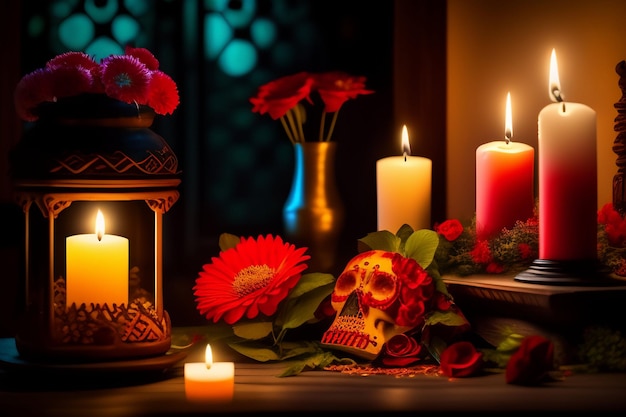 Free photo a candle and a skull with red flowers in the background