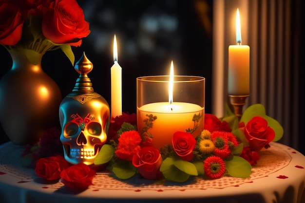 Free photo a candle with a skull and candles on it